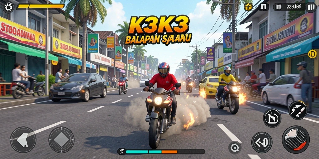 Gameplay K3K3 menampilkan aksi balapan yang mendebarkan.