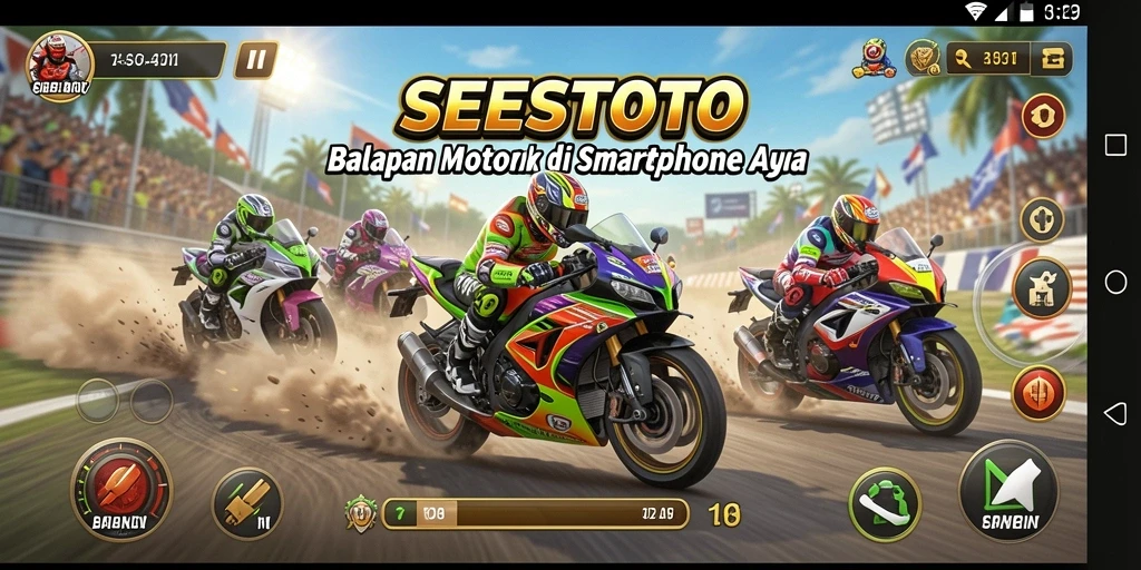 Tampilan utama gameplay SESETOTO dengan balapan motor yang intens.